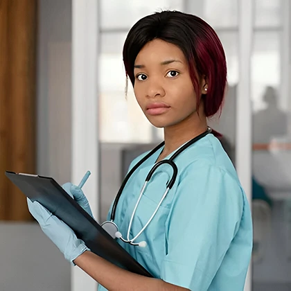 A female nurse with a clipboard exemplifies the essential contributions of women in the healthcare sector.